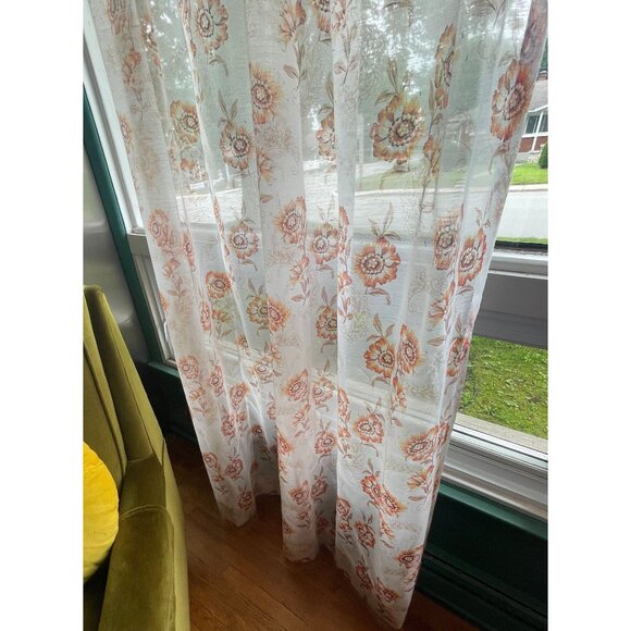 Vintage 60s pleated curtain, sheer orange floral pattern, single panel - Picture 4 of 9